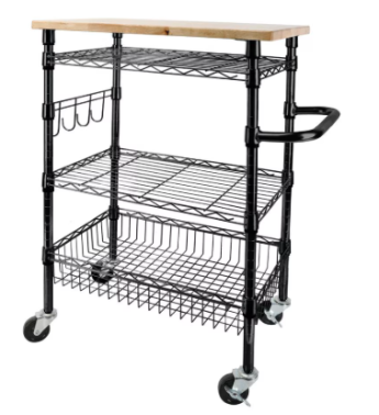 Rubbermaid 3-Tier Heavy Duty Black Rolling Utility Cart with Solid Wood Top Walmart