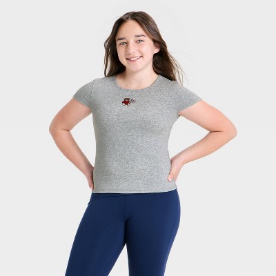 Girls' Embroidery Short Sleeve 4th Of July Teddy Bear Graphic Baby T-Shirt - art class™ Heathered Gray S