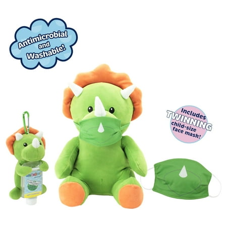Animal Adventure® WelloBeez™ – Antimicrobial Plush Mask Mate™ – Masked Dino Plush with Additional Child’s Face Mask & Clip Bundle