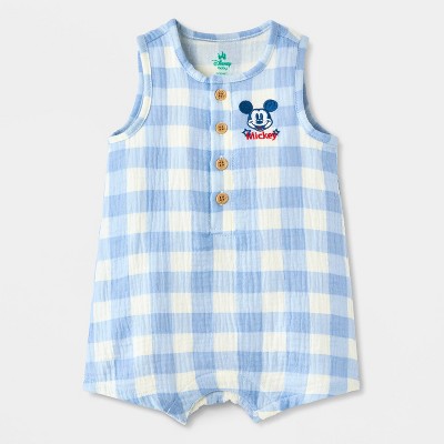 Baby Boys' Disney Mickey Mouse 4th of July Gingham Romper - Light Blue Newborn