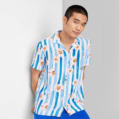 Men's Striped Short Sleeve Collared Button-Down Shirt - Original Use™ White S: Rayon, Botanical, Classic Patterns