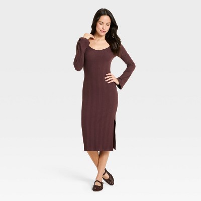 Women's Bell Long Sleeve Rib Midi Bodycon Dress - Universal Thread™ Brown S