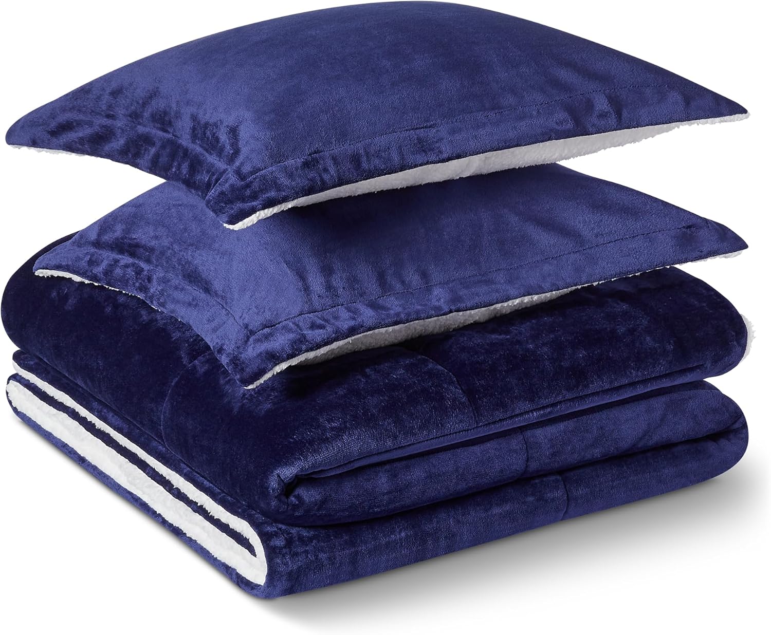 Amazon Basics Reversible Sherpa Comforter Set with Pillow Sham, Navy, Queen/Full