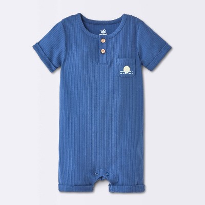 Baby Boys' Sun and Wave Graphic Pocket Henley Short Sleeve Romper - Cloud Island™ Blue 3-6M