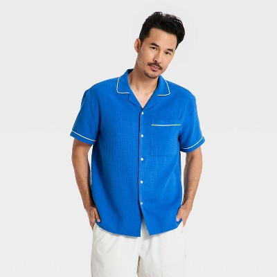 Men's Short Sleeve Camp Collar Button-Down Gauze Shirt - Goodfellow & Co™ Blue L