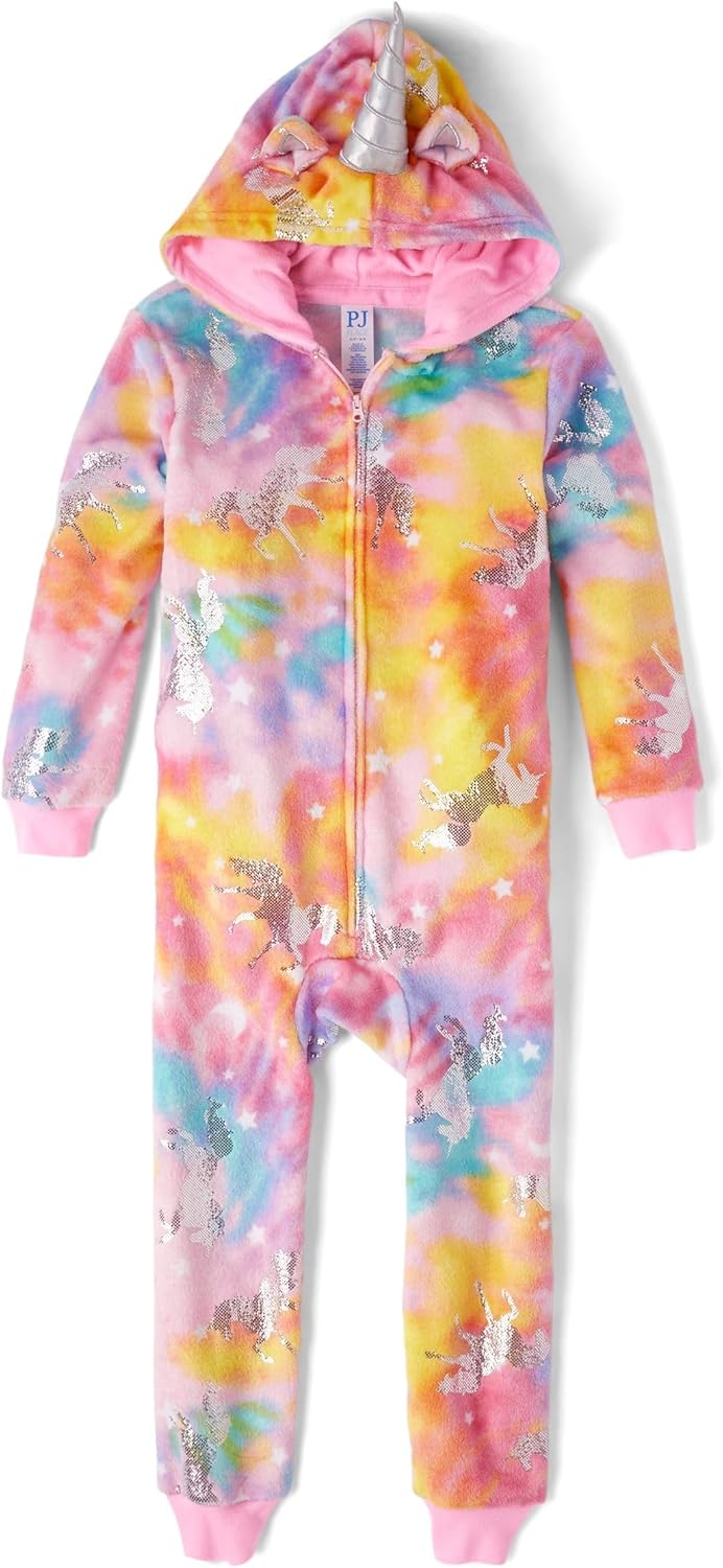 The Children's Place,Girls,Long Sleeve Fleece Zip Up One Piece Pajama,Unicorn Sparkle Pink,Medium