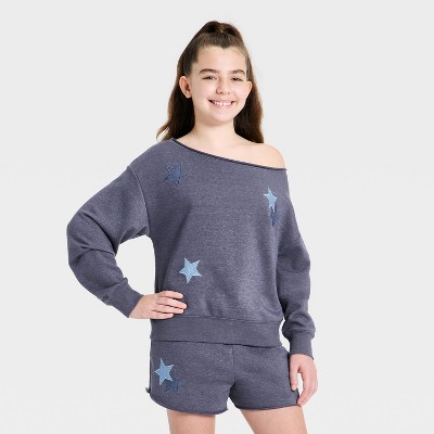 Girls' Off the Shoulder French Terry 4th of July 'Stars' Graphic Sweatshirt - art class™ Navy Blue XXL