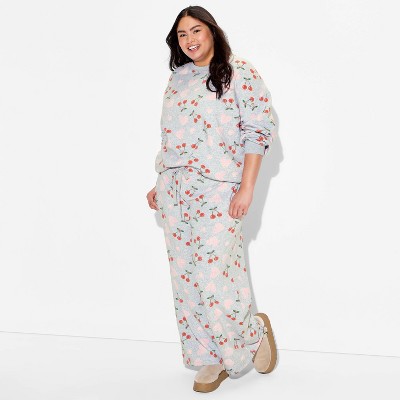 Women's Cherry Heart Fleece Graphic Pullover Sweatshirt - Heather Gray 2X