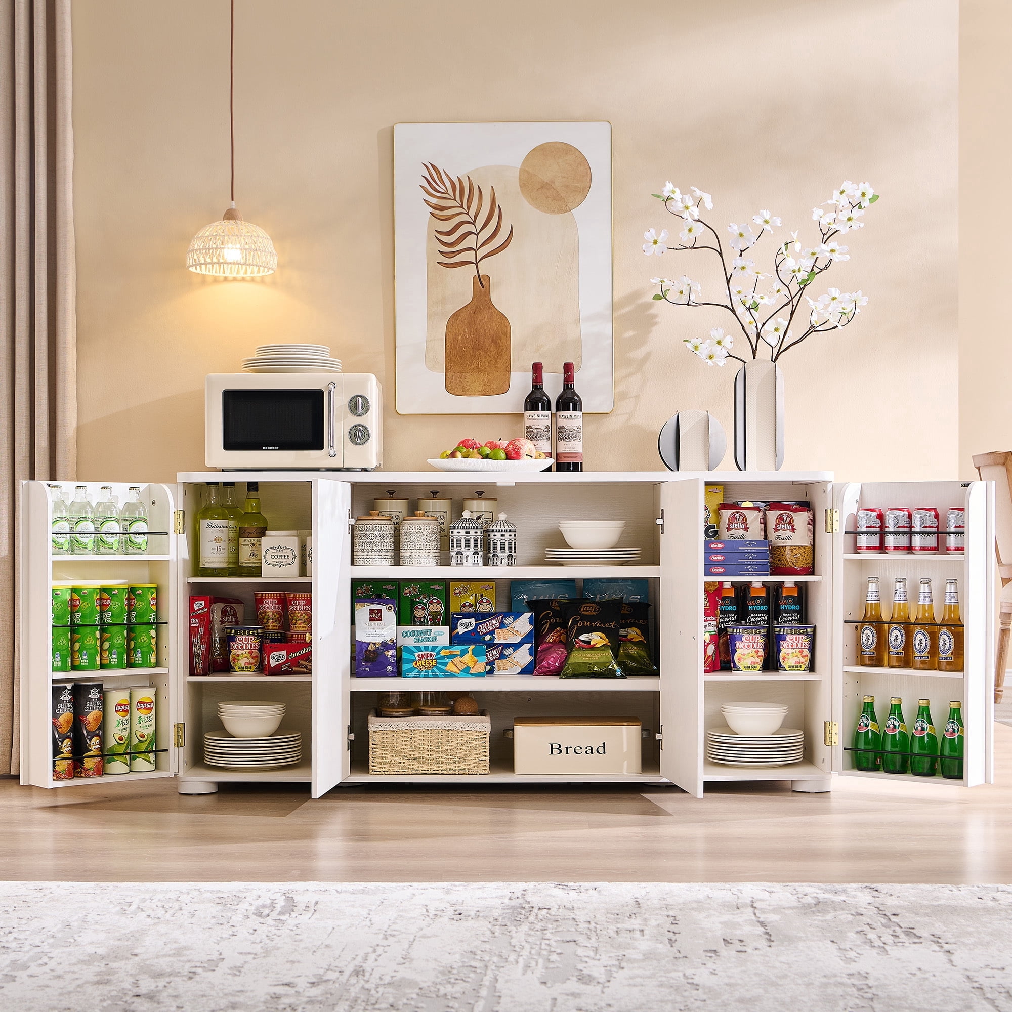 Aitjunz Kitchen Buffet Sideboard Cabinet, 66" Curved Coffee Bar Storage Cabinet with 4 Doors and Shelves for Kitchen, Dining Room, White