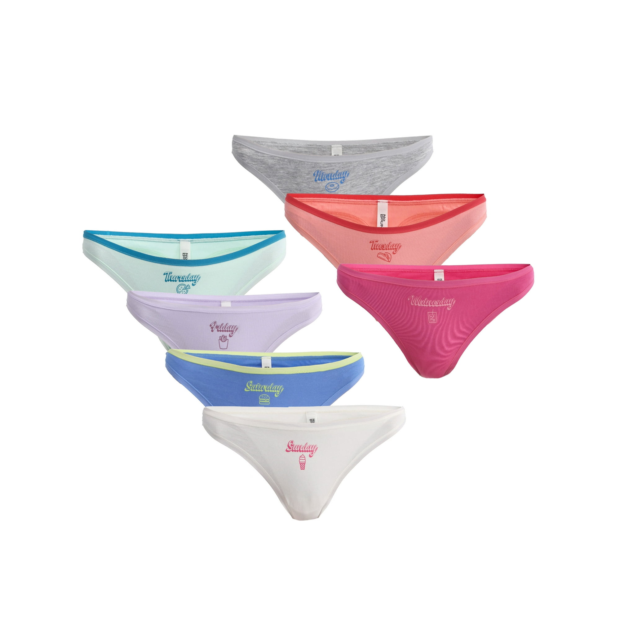 No Boundaries Cotton Thong Panties, Days of the Week - 7 Pack, Women’s and Women’s Plus, Sizes XS-XXXL