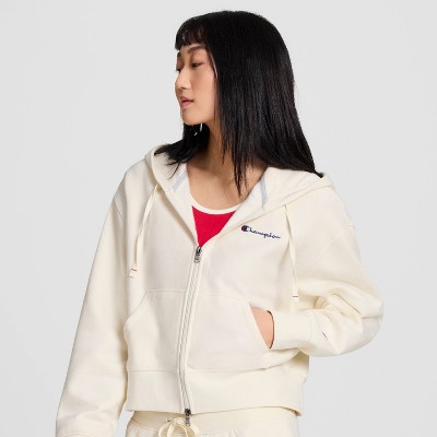 Champion Women's Cropped Fleece Zip-Up Sweatshirt - Cream M