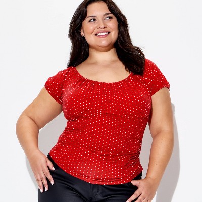 Women's Cap Sleeve Scoop Neck Emma Top - Wild Fable™ Ruby Red Polka Dots 2X