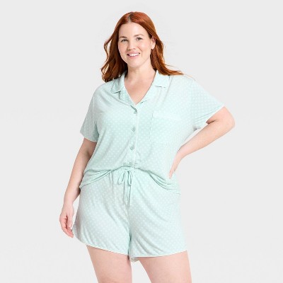Women's Short Sleeve Notch Collar Shirt and Shorts Pajama Set - Auden™ Mint 1X