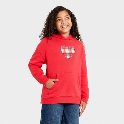 Girls' Plaid Heart Oversized Hooded Fleece Sweatshirt - Red XL