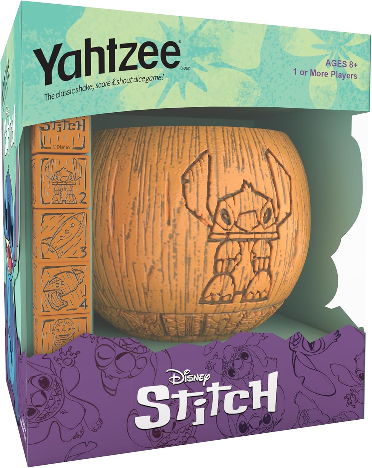 YAHTZEE: Disney Stitch, Collectible Tiki Style Dice Cup, Classic Dice Game Based on Disney’s Lilo & Stitch, Great for Family Night, Officially Licensed Disney Game & Merchandise