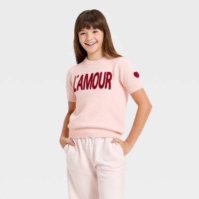 Girls' "L'amour" Graphic Short Sleeve Sweater - art class™ Pink XS