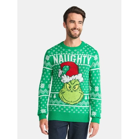 Dr. Seuss Grinch Naughty Men's and Big Men's Holiday Ugly Christmas Sweater, Sizes XS-3XL