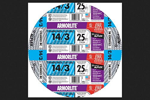 Southwire Armorlite 14/3 Stranded CU MC (Metal Clad) Cable, 25 feet, 14 Gauge, 3 Conductor, 55018021