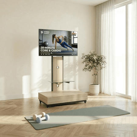 Homy Casa Mobile TV Stand for 32-75 Inch TVs with Wheels, Swivel Adjustable Height Glass Shelf and Storage Drawer