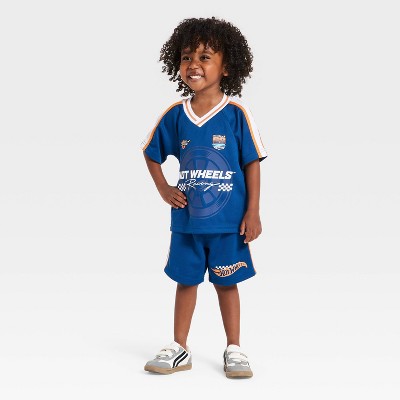 Toddler Boys' 2pc Hot Wheels Jersey Shirt & Shorts Set - Navy Blue 2T