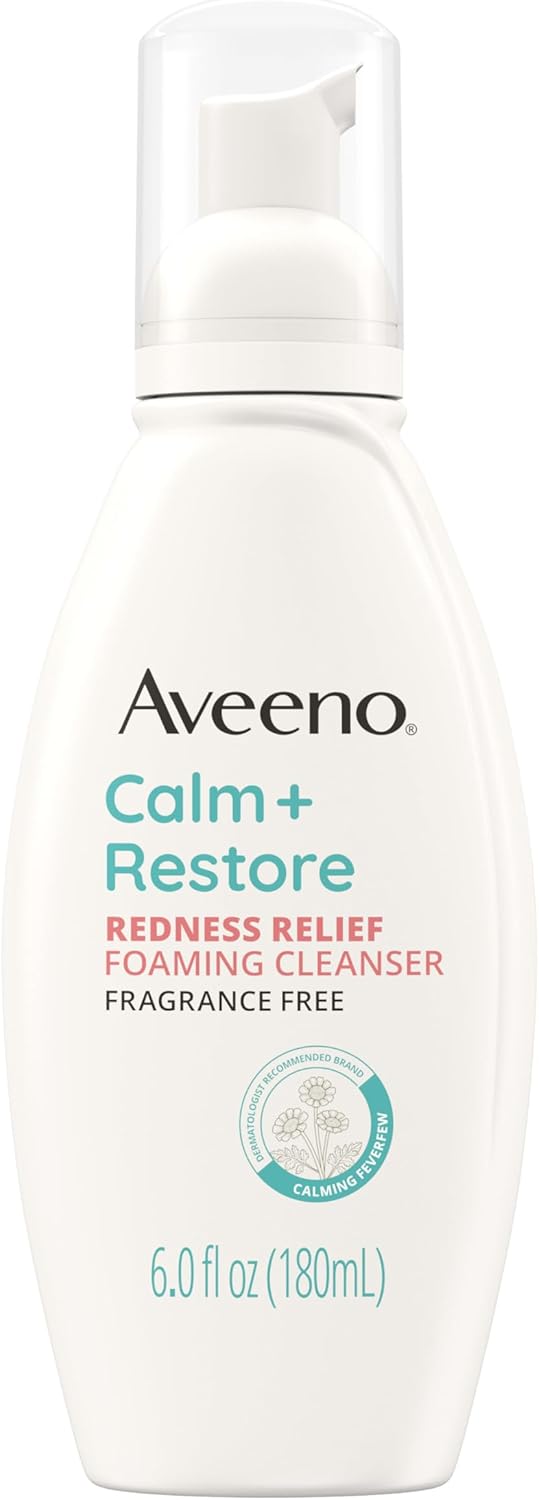 Aveeno Calm + Restore Redness Relief Foaming Cleanser, Daily Facial Cleanser With Calming Feverfew to Help Reduce the Appearance of Redness, Hypoallergenic & Fragrance-Free, 6 fl. oz