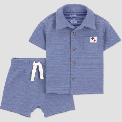 Carter's Just One You® Baby Boys' 2pc Striped Button-Down 4th of July Shirt and Shorts Set - Blue 18M