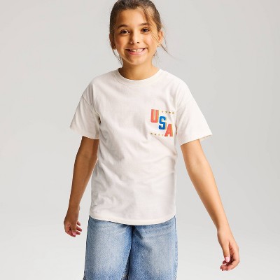 Girls' 4th of July Oversized Short Sleeve 'USA' Graphic Jersey T-Shirt - Cat & Jack™ Cream S