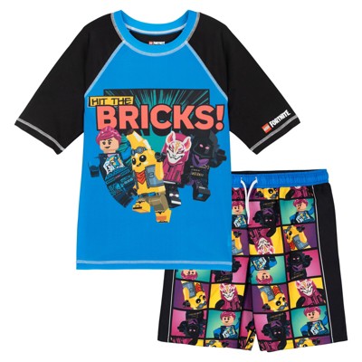 LEGO Fortnite Little Boys' Raglan Short Sleeve Graphic Swim Shirt and Allover Print Board Shorts Outfit Blue Black 6