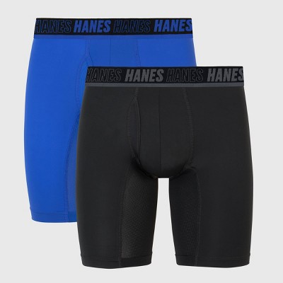 Hanes Moves Premium Men's Anti-Chafe X-Temp Long Leg Boxer Briefs 2pk - Black/Teal Blue M: Moisture Wicking, Breathable Mesh
