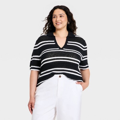 Women's Short Sleeve Polo Pullover Sweater Top - A New Day™ Black/White Striped XXL