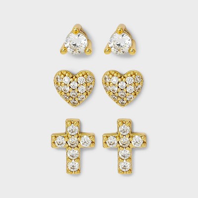 14K Gold Plated Cubic Zirconia Heart and Cross Earring Set 3pc - A New Day™ Gold