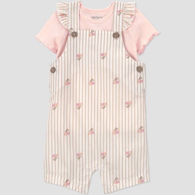Carter's Just One You® Baby Girls' 2pc Striped Floral Overalls Set - Pink 6M