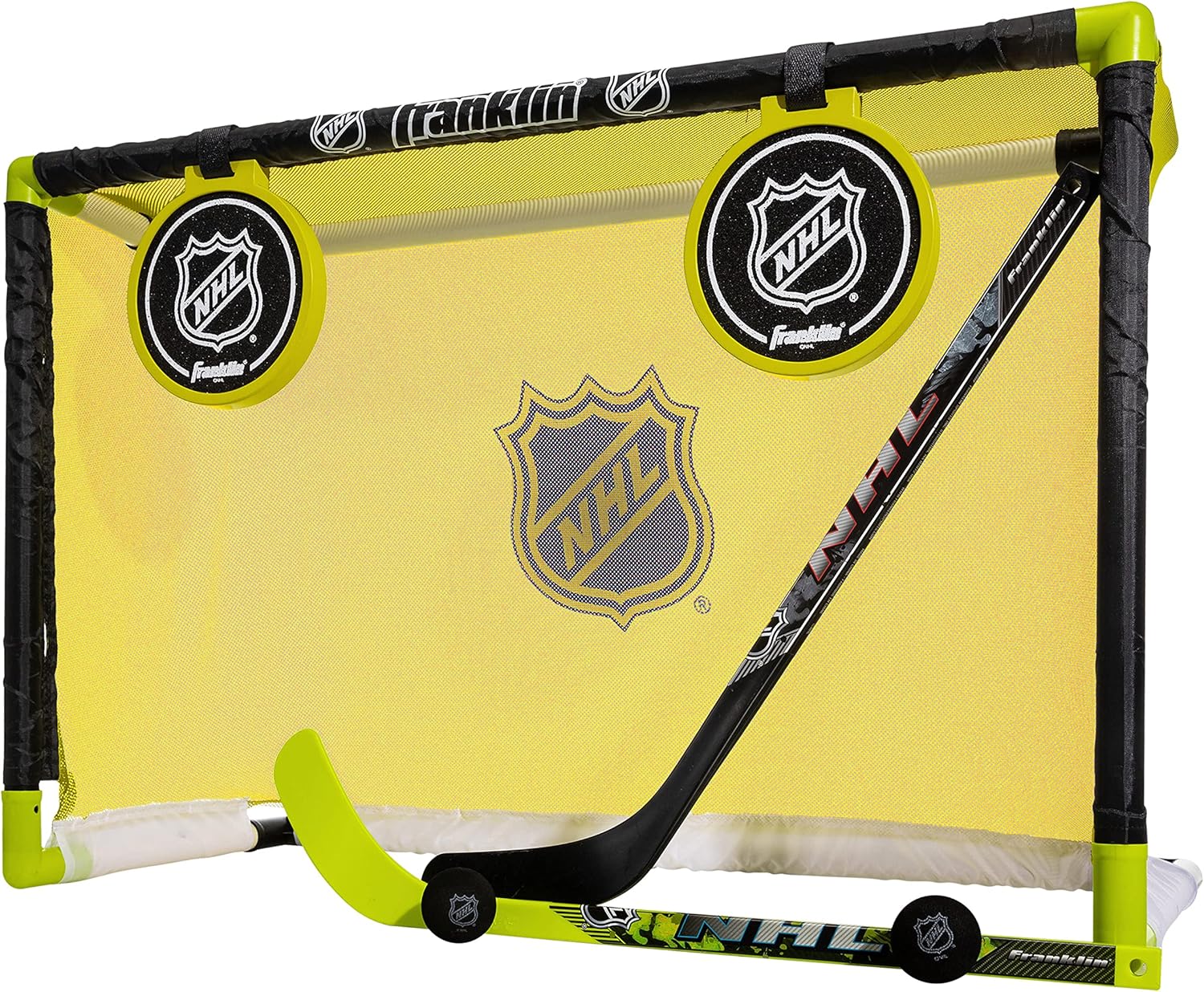 Franklin Sports Mini Hockey Goal Set - Indoor Knee Goal + (2) Shinny Hockey Sticks - (2) Mini Foam Balls + Pop Out Shooting Targets - All Star