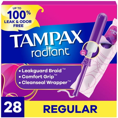 Tampax Radiant Tampons, with LeakGuard Braid, Regular, 28 Count