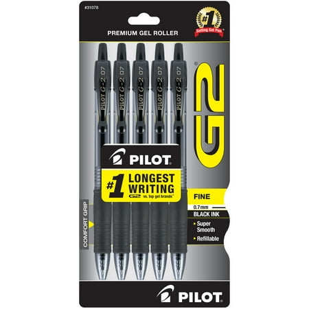 Pilot G2 Retractable Gel Ink Pens, Fine Point, 0.7mm. Black Ink, 5 Pack