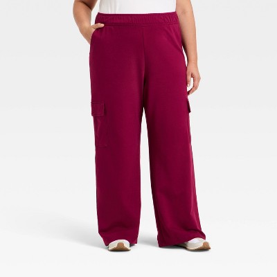 Women's High-Rise French Terry Wide Leg Cargo Pants - Ava & Viv™ Burgundy 4X