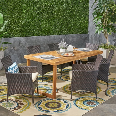 Jack Outdoor 7 Piece Acacia Wood Dining Set with Wicker Chairs and Cushions, Sandblast Natural, Multi Brown, Beige
