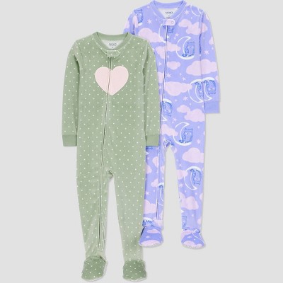 Carter's Just One You® Toddler Girls' 2pk Snug Fit Long Sleeve Heart Velour Footed Pajama - Purple/Sage Green 2T