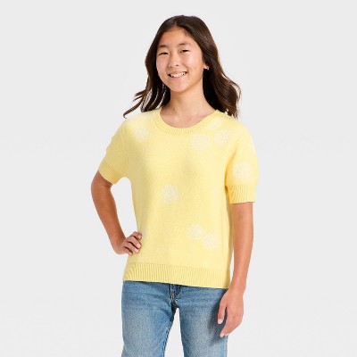 Girls' Flower Graphic Short Sleeve Sweater - art class™ Yellow XXL