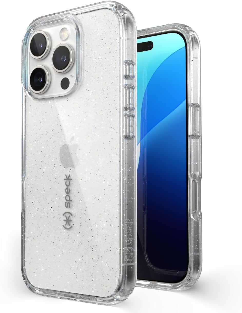 Speck Clear iPhone 16 Pro Case - Slim Phone Case - GemShell - Clear/Platinum Glitter