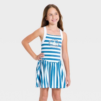 Girls' Sanrio Cinnamoroll Cabana Club Striped Athletic Dress - Blue/White XXL