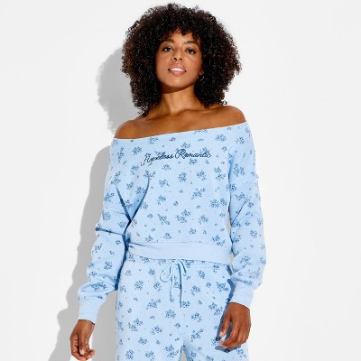 Women's Off the Shoulder Graphic Pullover Sweatshirt - Light Blue Floral L