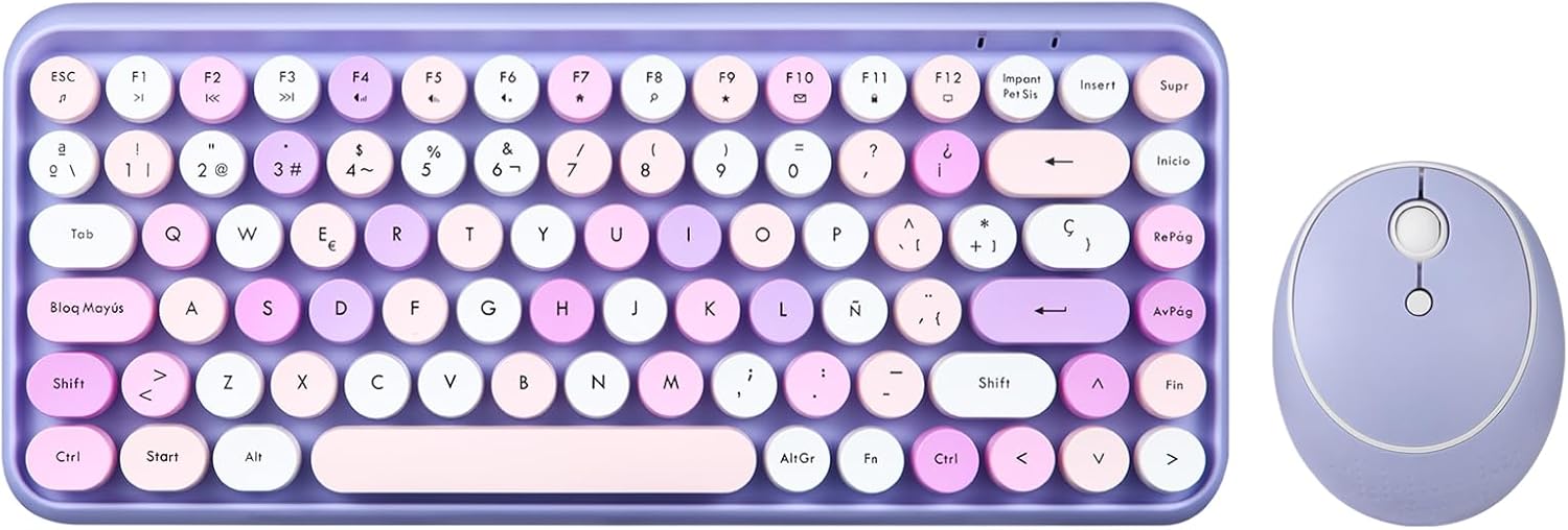 Perixx PERIDUO-713PP ES Set de ratón y Mini teclado inalámbrico 2.4 GHz, Teclas redondas Estilo Retro, para PC y Tablet, Morado Pastel, Español QWERTY
