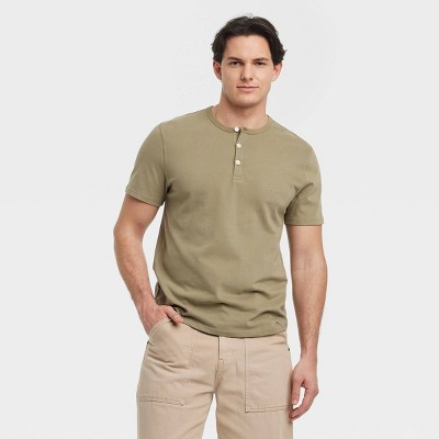 Men's Vintage Short Sleeve Henley Shirt - Goodfellow & Co™ Olive Green S: Cotton, Midweight, Standard Fit