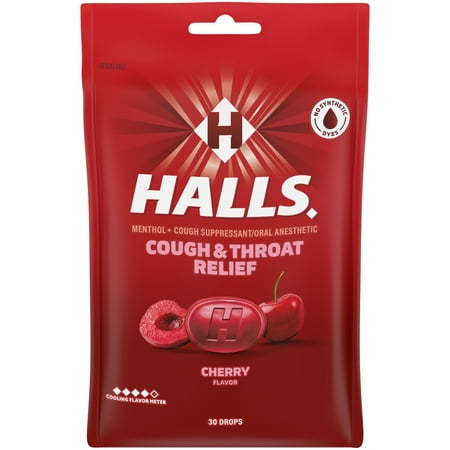HALLS Cough and Throat Relief Cherry Cough Drops, 30 Drops